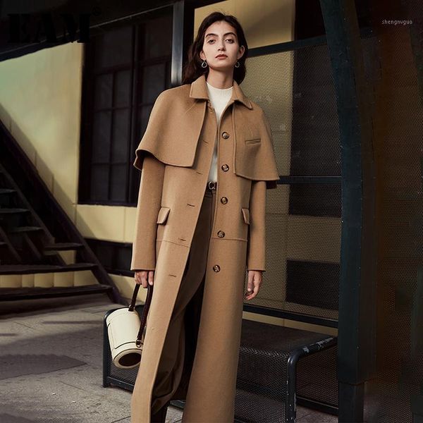 

women's wool & blends [] loose fit khaki spliced belt double-sided woolen coat parkas long sleeve women fashion tide autumn winter 2022, Black