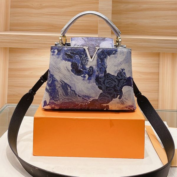 

women capucines handbag lady tote crossbody bag colorful painting litchee genuine leather hand bags fashion letter flap handcraft removable