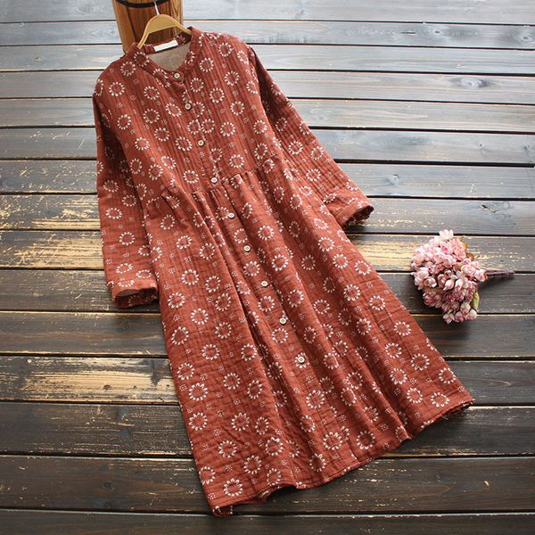 Lamtrip benzersiz artı boyutu pamuk iplik standı yaka retro çiçek baskı rustik köy uzun kollu elbise bahar 210413