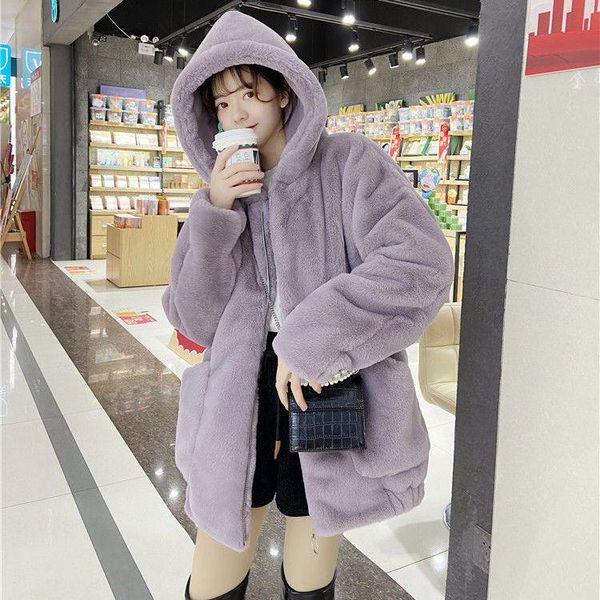 

women's fur & faux women 2021 autumn winter coat female loose imitation rex coats ladies thick warm hooded outerwear c529, Black
