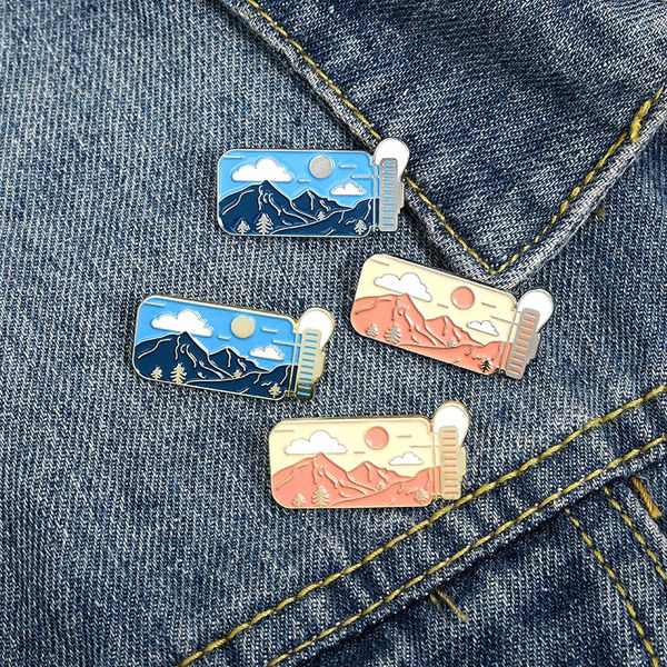 

cartoon outdoor landscape travel brooches sun cloud mountain peak clothes pins souvenir gift backpack cowboy badge jewelry accessories, Gray