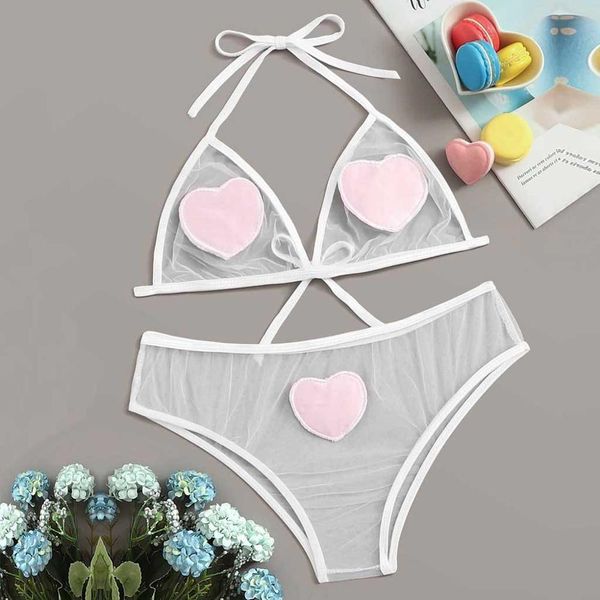 

womens lingerie babydoll mesh push up bra set polka red heart bra and g-string panty underwear set lady sleepwear nightwear, Red;black