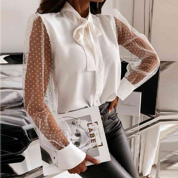 

women's blouses & shirts women bow tie collar hollow out patchwork and blouse long sleeve mesh fashion party club crop 2, White