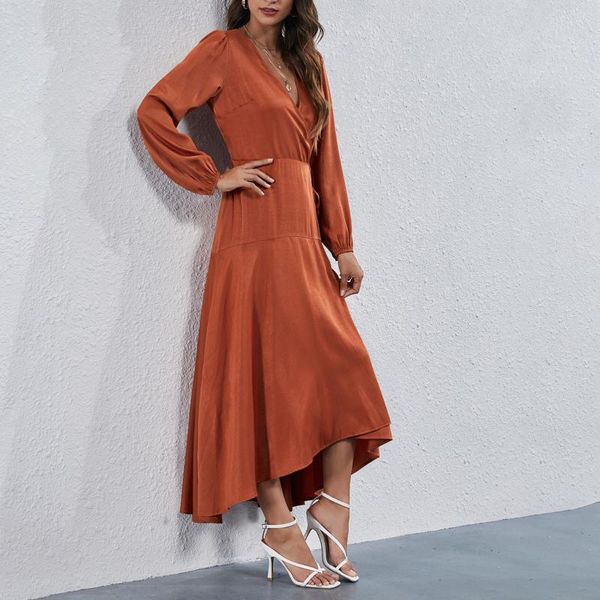 

casual dresses boho women solid maxi dress 2021 autumn fashion v neck party long sleeve high waist irregular hem with sashes, Black;gray