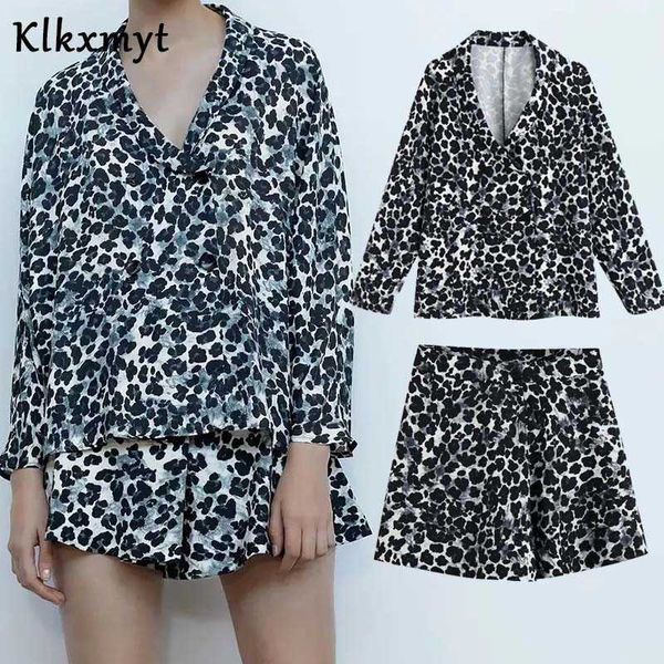 Klkxmyt 2 pezzi set donna inghilterra high street moda vintage leopardo stampato camicia e camicetta pantaloncini due set 210527