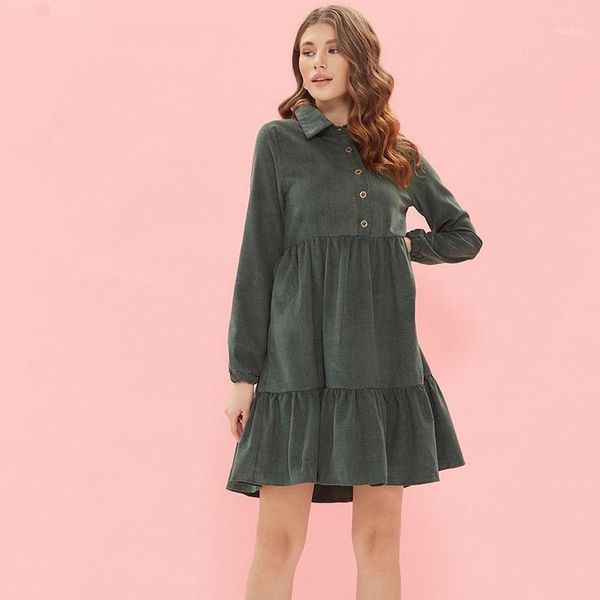 

women sweet corduroy long sleeve turn down collar solid color knee dress loose fashion autumn winter 2021 casual dresses, Black;gray
