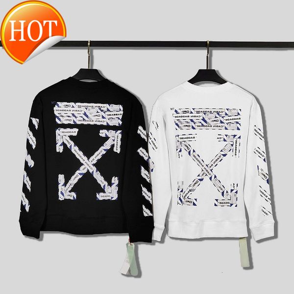 

correct brand off version tide style airport tape warning line arrstyle men's and women's terry round neck sweater, Black