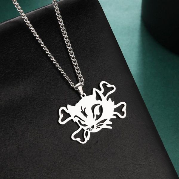 

pendant necklaces sipuris stainless steel skull witch cat fashion all-match necklace halloween gift for friends long chain, Silver