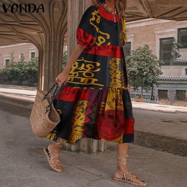 

loose dress vonda women short sleeve vintage printed dresses casual cotton bohemian vestidos summer beach sundress s-5xl robe, Black;gray
