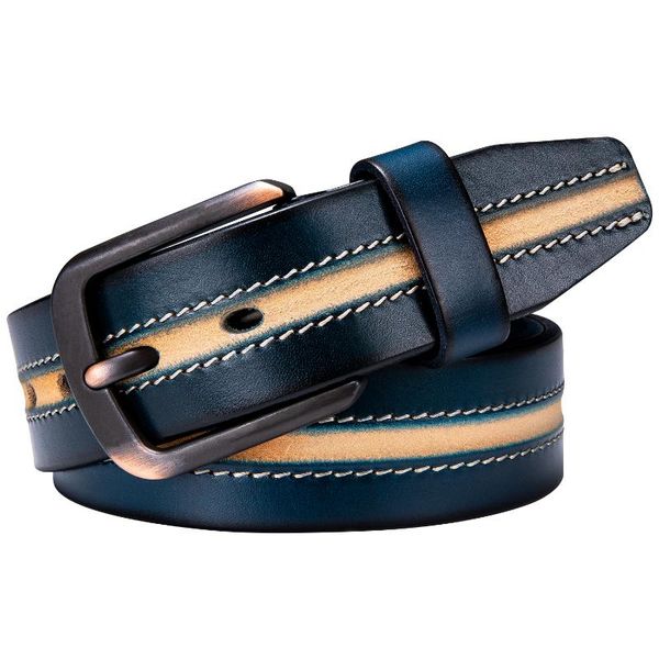 

belts 3.8cm luxury vintage casual pin for men real cowskin genuine leather metal buckles blue striped cowboy jeans, Black;brown