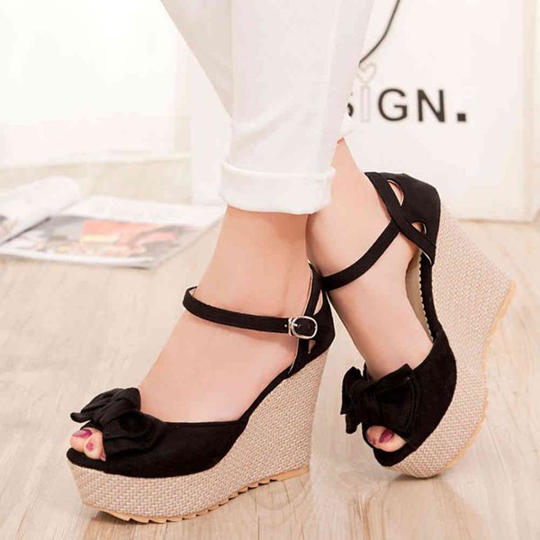 

sandals elegant ladies solid buckle peep toe platform sandals women high wees casual butterfly knot sheos woman, Black