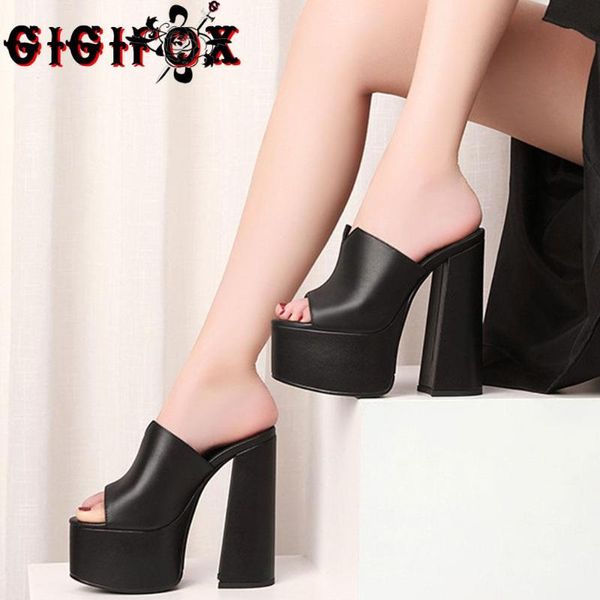 

sandals gigifox brand genuine leather women fashion chunky high heel party shoes platform mules ladies, Black