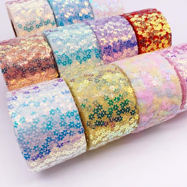 

jewelry pouches, bags 6cm*10 yards plum mesh cloth sequins embroidery diy children's hair ornaments bow accessories ribbon, Pink;blue