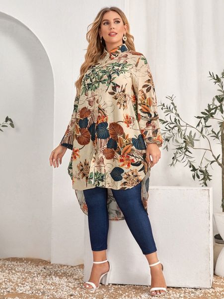 

plus floral print dip hem tunic blouse p2lp#, Black