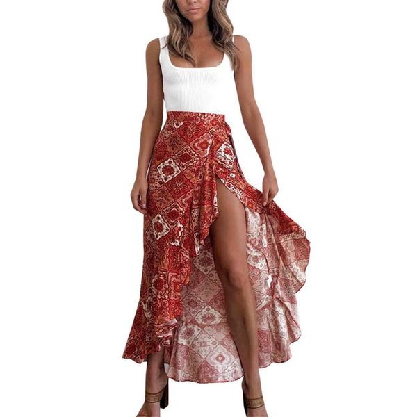 

skirts women's floral high waist ruffled long skirt split boho beach wrap, Black