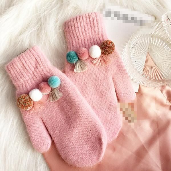 

fingerless gloves winter women coloured wool ball tassel fashion fur full finger knitted mittens for female, Blue;gray
