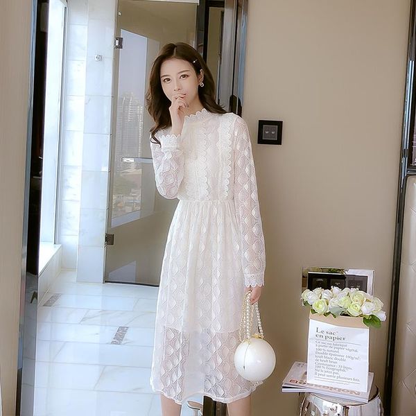 

casual dresses coigarsam women dress autumn 2022 cute full sleeve lace elastic waist stand neck robe vestidos, Black;gray
