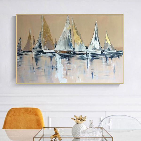 

paintings abstract gold color sailing canvas on the wall art posters and prints seascape modern pictures for living room