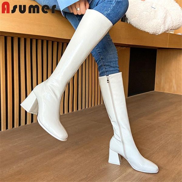 

boots asumer 2021 fashion party shoes women high heel patent leather zipper solid colors autumn winter knee women11, Black