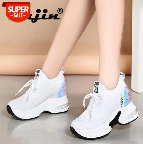 

fujin 2021 women sneakers high heel wedge platform shoes spring autumn lace up pumps increased height ladies #ay7d, Black