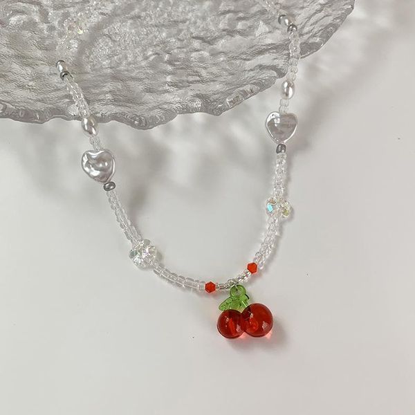 

chains vintage sweet red cherry pearl beaded necklace summer simple clavicle chain for women, Silver