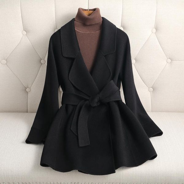 

black double faced tweed suit coat women's waist tie 2021 small man wool & blends