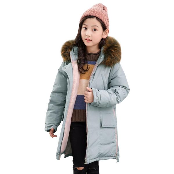 

coat russian winter 6-15 years old girls kids children outwear color fur collar long down warmth large pocket zipper, Blue;gray