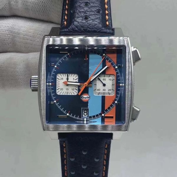 

2021-end sale 42mm men's watch vk64 movement coated glass pin buckle luxury wriwatch, Slivery;brown