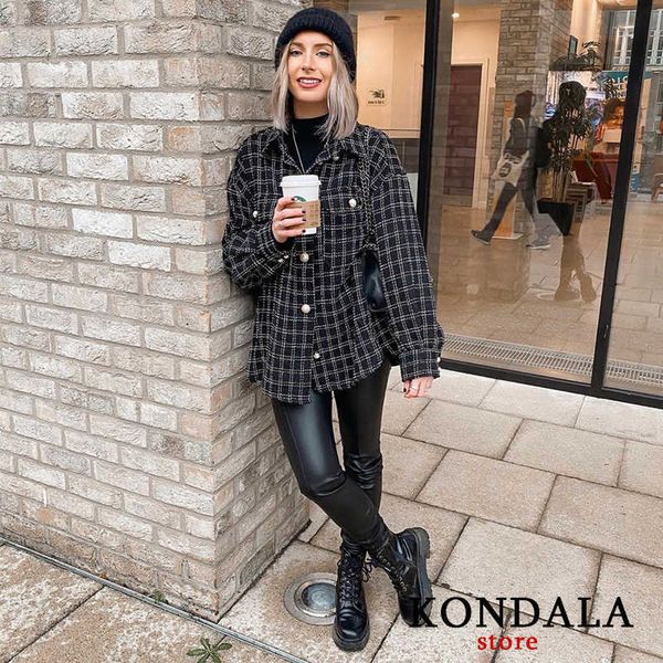 

kondala za fashion women plaid print vintage blazer single breasted oversized long jackets female elegant 210930, White;black