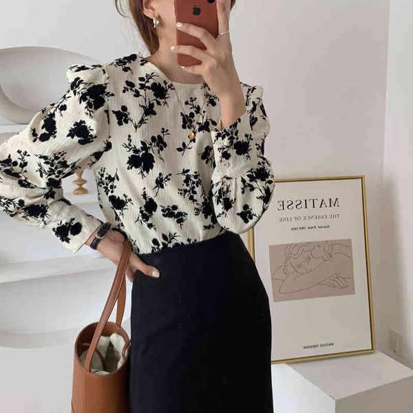 

blouses autumn fashion korean floral printing long sleeve casual loose retro shirts women sweet elegant blouses, White
