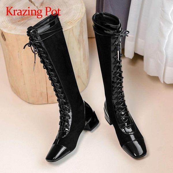 

boots krazing pot square toe med heel winter shoes keep warm patchwork korean street pretty girls dating party knee-high l111, Black