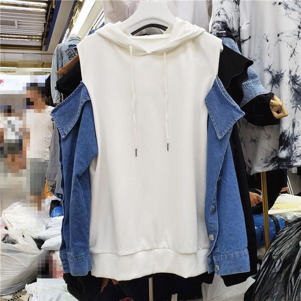 

women's hoodies & sweatshirts [ewq] 2021 early autumn korean style fashionable hooded loose hollow strapless stitching denim sweatshirt, Black