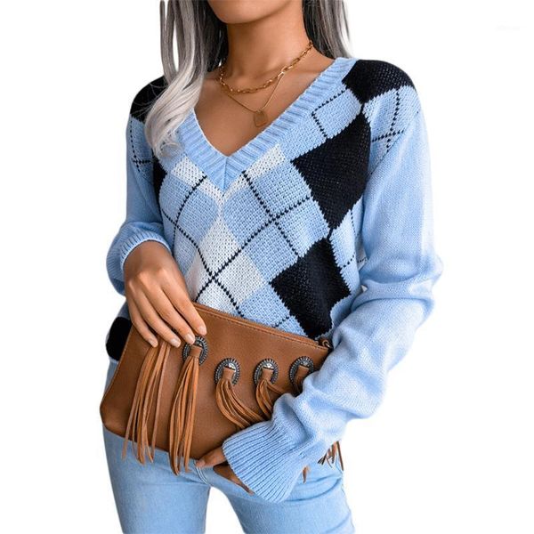 

women's sweaters v-neck sweater autumn winter long sleeve knitted argyle print color block soft loose, White;black