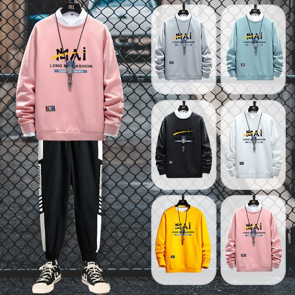 

men's t shirts ins loose round neck 2021 spring and autumn fashion printed sweater long sleeve t-shirt men, White;black