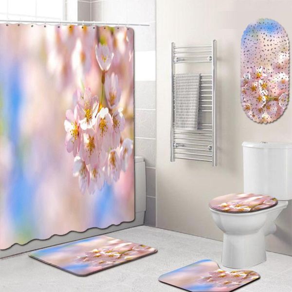 

bath mats flower bathroom waterproof shower curtain floor mat toilet cover foot bathtub five-piece set
