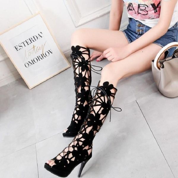 

boots euramerican style fish mouth high heel cool hollow out middle tube show catwalk sandals, Black