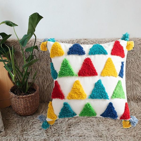 

pillow case boho morocco throw colorful rainbow triangle tufted tassel decorative cushion cover for kids playroom sofa