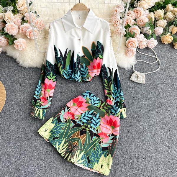 

net celebrity fashion suit lapel strapless long-sleeved tropical plant print high-waist wide-leg shorts two-piece two piece dress, White