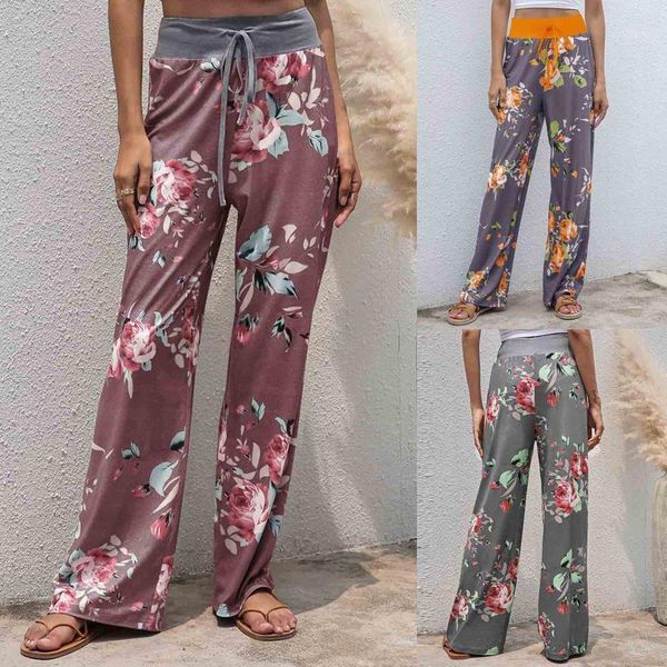 

women's pants & capris flowers print drawstring wide leg lounge with high waist 2021 womens comfy stretch, Black;white