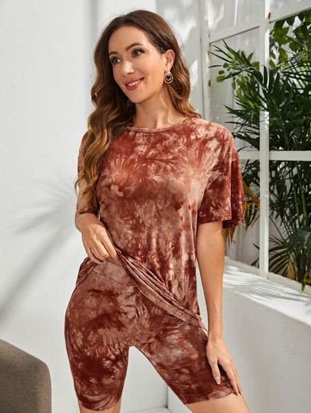 

tie dye tee & biker shorts set x7ys#, White