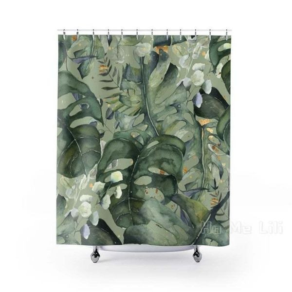 

shower curtains boho curtain jungle tropical monstera leaves forest green gold modern watercolor farmhouse bathroom decor