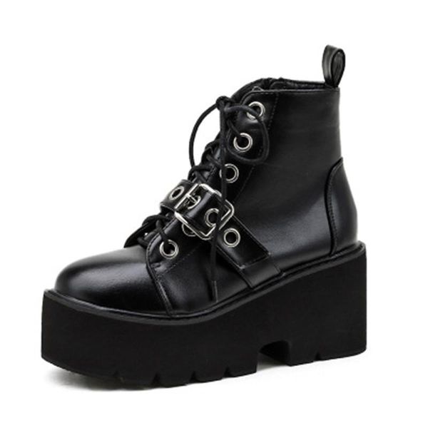 

boots women leather ankle height increasing shoes women's motorcycle punk, Black
