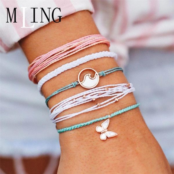 

pcs/set bohemian handmade weave rope chain adjustable bracelet set fashion beads butterfly wave for women charm bracelets, Golden;silver