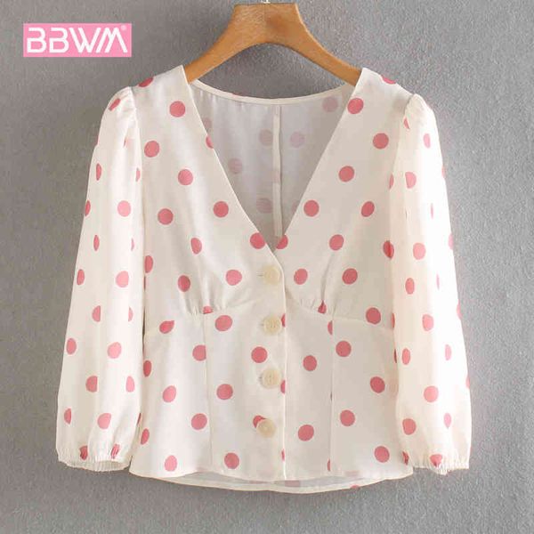 

v-neck single breasted retro polka dot long sleeve sunscreen female shirt harajuku sweet casual holiday chic women's 210507, White