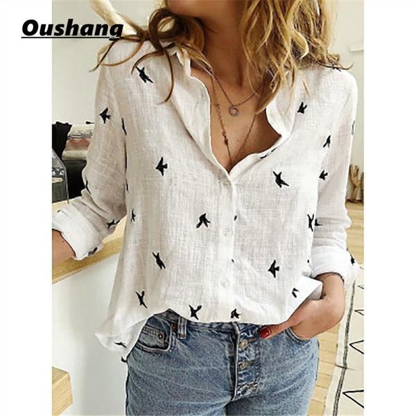 

5xl plus size women cotton and linen blouses and casual long sleeve birds print loose shirts vintage streetwear tunic x0521, White