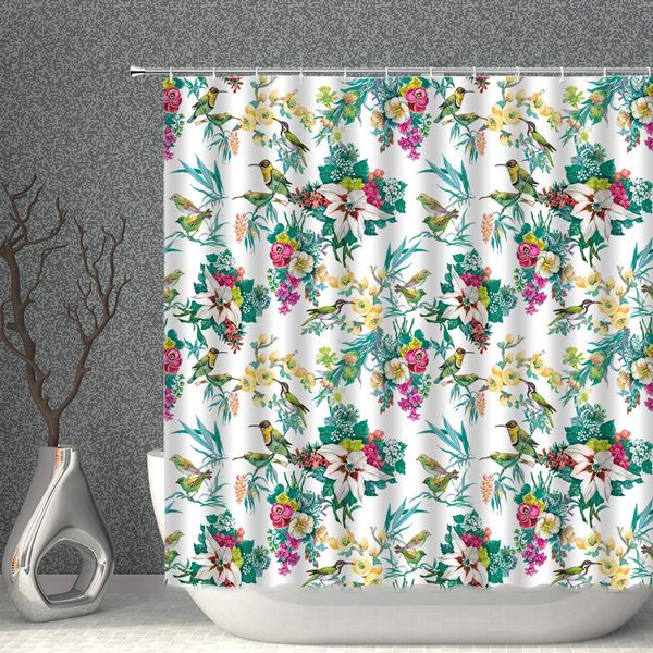 

spring floral decor shower curtain tropical watercolor flower birds fabric polyester bathroom curtains with hooksteal