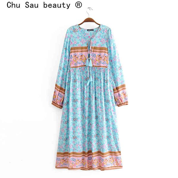 

beauty fashion multicolor boho floral print loose dress beach vintage tassel long dresses female holidaywear 210514, Black;gray