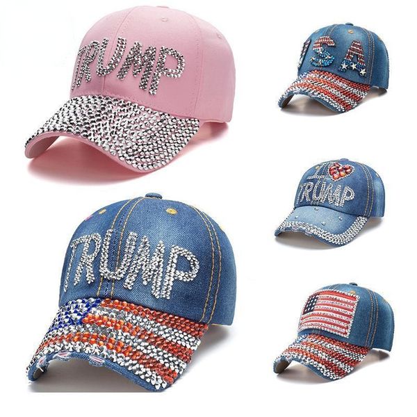 2024 Trump Cap USA Hat Election Campaign Hat Cowboy Diamond Cap Snapback regolabile Donna Denim Diamond Hats