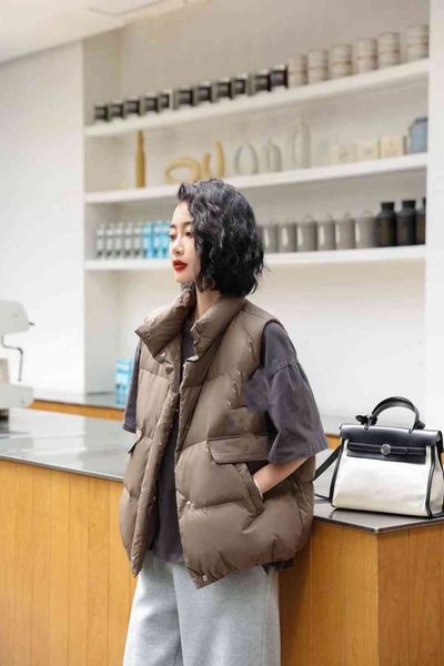 

2021 autumn and winter hoodless cotton fresh sweet white duck down solid color st collar brown zipper korean vest ma jianv, Black;white