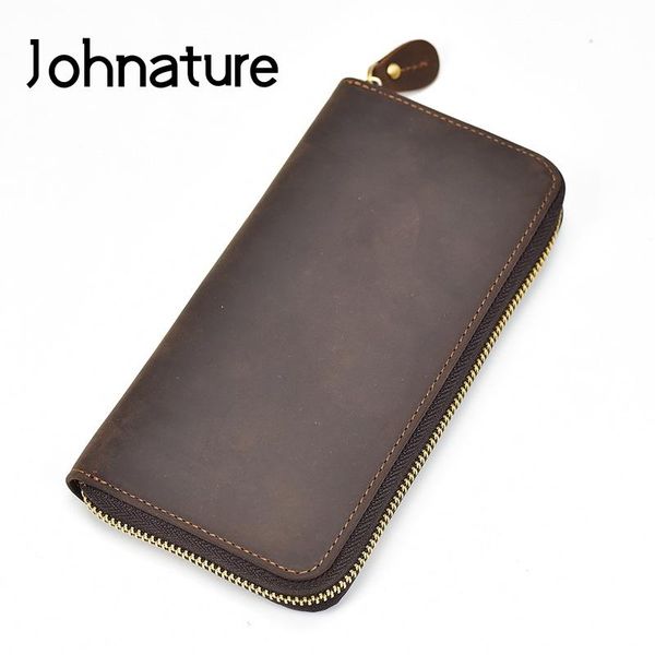 

wallets johnature 2021 vintage crazy horse leather men long and purses leisure solid multi-card position wallet card holder, Red;black